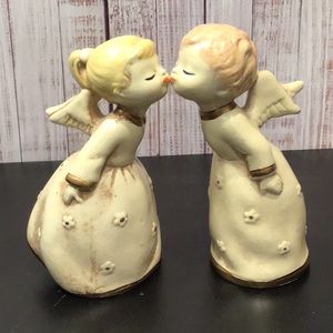 Vintage Chalkware kissing angels figurine set
